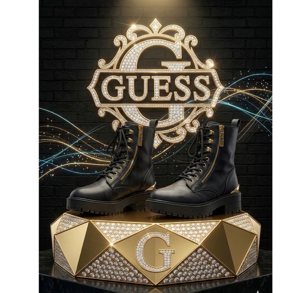 🔥GUESS🎱🖤 Black magic Platform Combat Boots Gold Hardware Moto Goth Boho Edgy